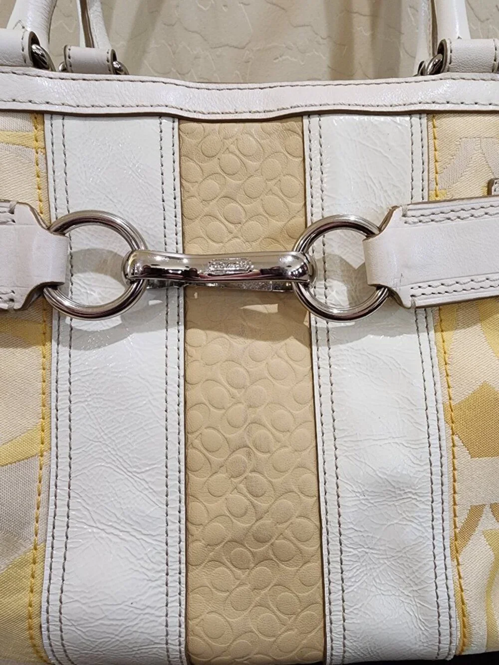 Coach Hampton Optic Signature Stripe Yellow White Double Handle Shoulder Bag